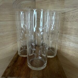 Vintage Set of 6 Etched Floral Leaf Design Collins Glasses Highball‎ Barware